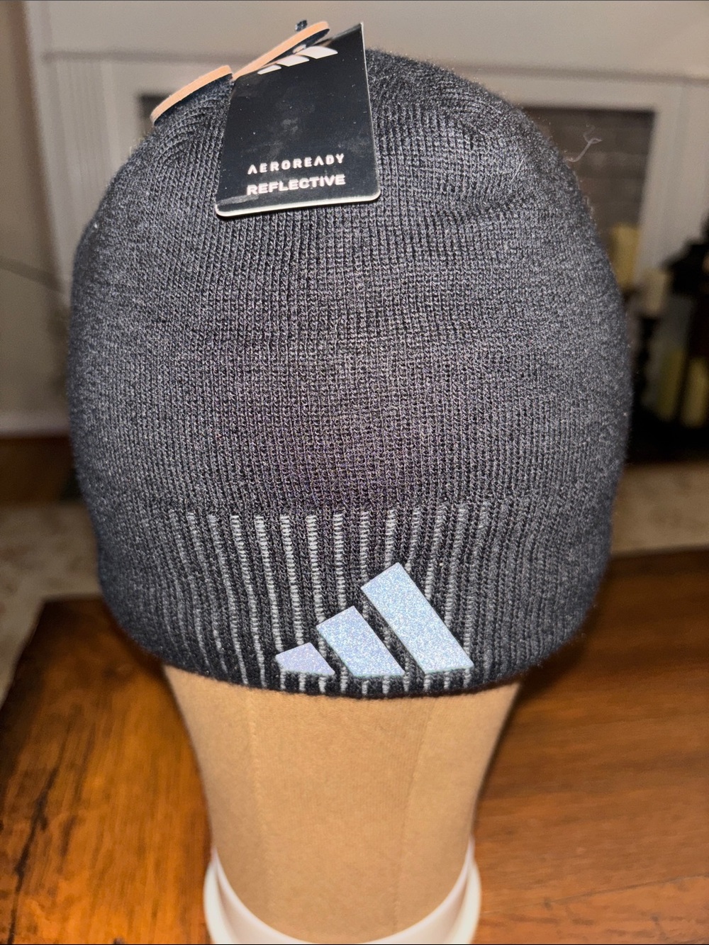 adidas Black Knit Beanie with Reflective Stripes